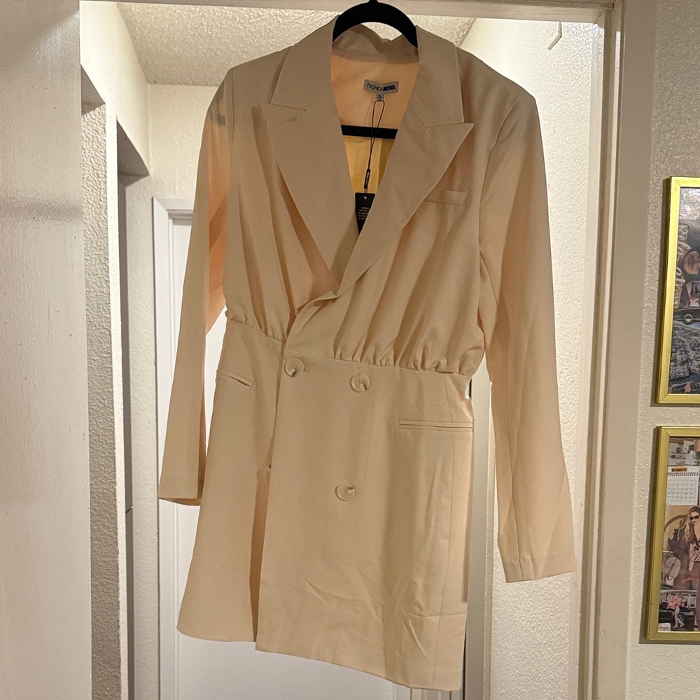 Fashion Nova Cream Faux-Wrap Blazer Mini Dress
